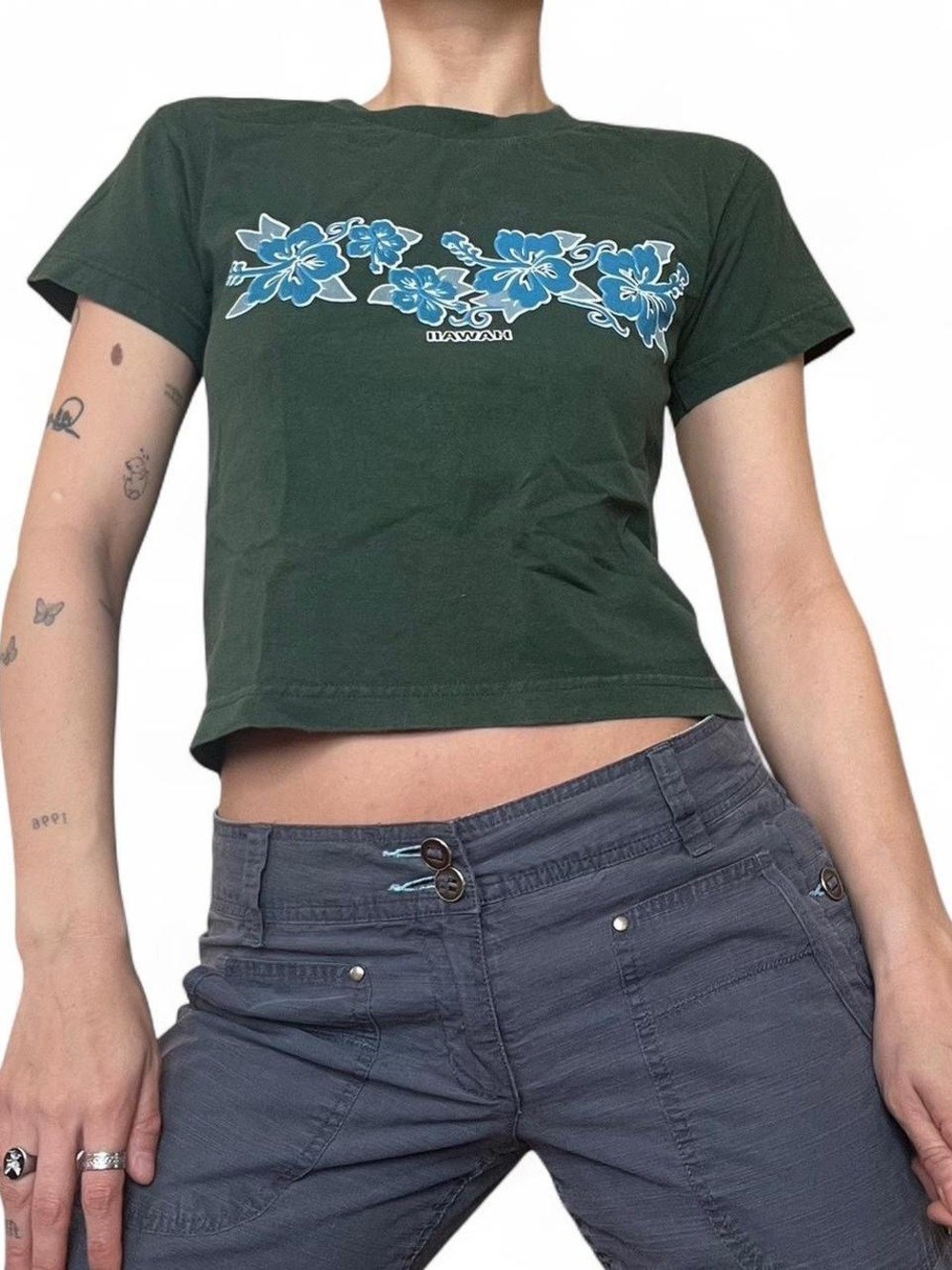 Green Floral Graphic Crop Tee - Hawaii Print